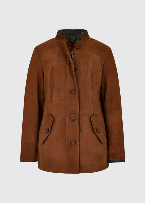 Dubarry Joyce women's mid length chestnut brown coloured leather jacket with buttons