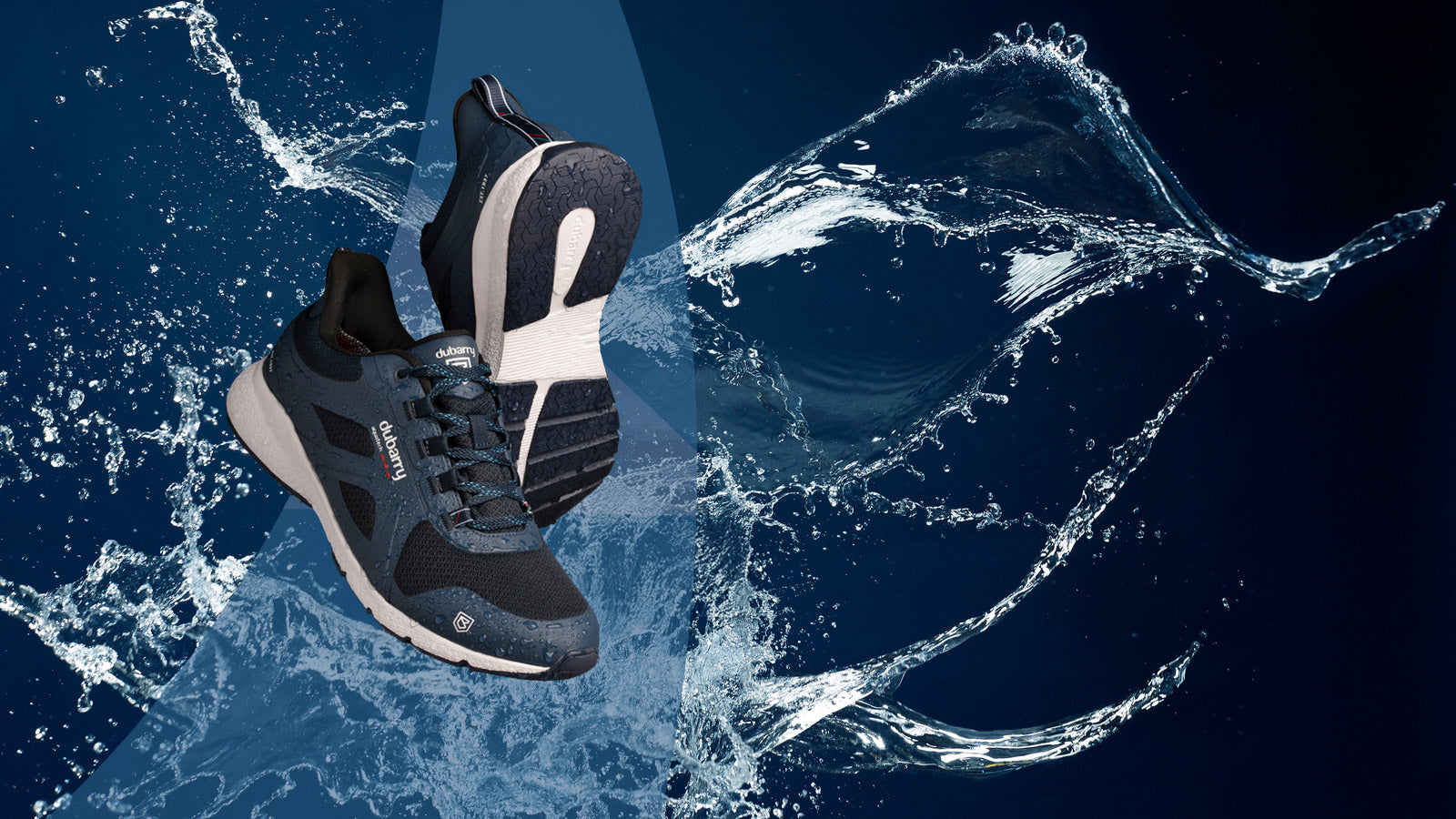 Black and white dubarry sneakers with water splash effect on a dark blue background